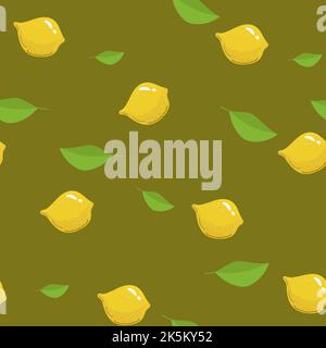 Nahtloses Muster mit Zitronen auf grünem Hintergrund. Vektorgrafik. Handgezeichneter Hintergrund. Stock Vektor