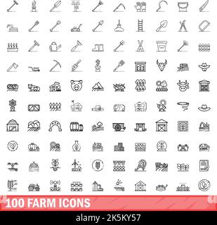 100 Farmsymbole eingestellt. Skizzieren Sie die Darstellung von 100 Farmsymbolen, die auf weißem Hintergrund isoliert sind Stock Vektor