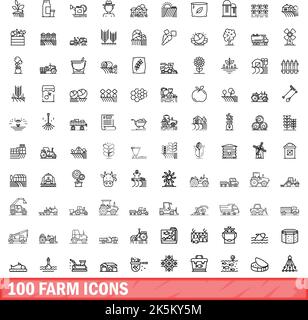 100 Farmsymbole eingestellt. Skizzieren Sie die Darstellung von 100 Farmsymbolen, die auf weißem Hintergrund isoliert sind Stock Vektor