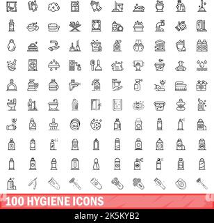100 Hygienesymbole eingestellt. Skizzieren Sie die Darstellung von 100 Hygienesymbolen, die auf weißem Hintergrund isoliert sind Stock Vektor