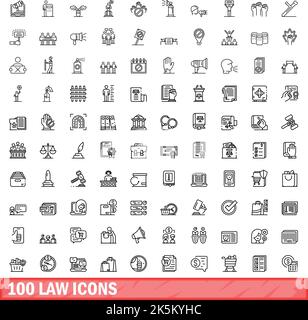 100 Symbole für Gesetze festgelegt. Skizzieren Sie die Darstellung von 100 Gesetzensymbolen, die auf weißem Hintergrund isoliert sind Stock Vektor