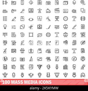 100 Symbole für Massenmedien eingestellt. Skizzieren Sie die Darstellung von 100 Symbolen für Massenmedien, die auf weißem Hintergrund isoliert sind Stock Vektor