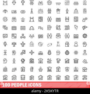 Symbole für 100 Personen eingestellt. Skizzieren Sie die Darstellung von 100 Personensymbolen, die auf weißem Hintergrund isoliert sind Stock Vektor