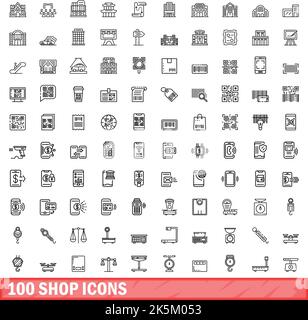 100 Shop Icons Set. Skizzieren Sie die Darstellung von 100 Shop-Symbolen, die auf weißem Hintergrund isoliert sind Stock Vektor