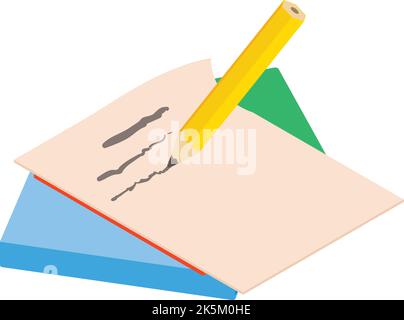 Bleistift schreiben Symbol isometrischer Vektor. Bleistift auf Papier schreiben und Buch stapeln. Offline-Lernkonzept Stock Vektor