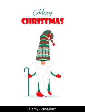 Weihnachtskarte mit einem niedlichen bärtigen Gnome. Winterurlaub Charakter. Vektorgrafik im flachen Stil. Frohe Weihnachten Stock Vektor