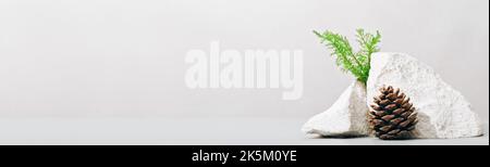 Abstrakte Naturszene Komposition aus Steinen, Kieferkegel und grünem Gras. Podium Produktplatzierung Konzept auf grauem Hintergrund. Copyspace Banner Stockfoto