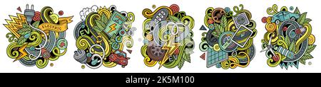 Electric Cars Cartoon Vektor Doodle Designs Set. Stock Vektor