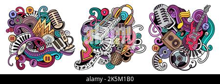 Disco Musik Cartoon Vektor Doodle Designs Set. Stock Vektor