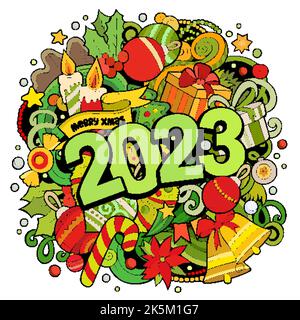 2023 Kritzeleien Illustration. Neujahrs-Objekte und Elemente-Poster Stock Vektor