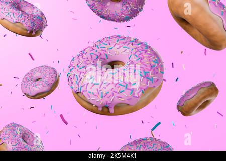 Rosa Donuts schweben mit Explosion von bunten Streuseln auf rosa Hintergrund. Lustige 3D Render von realistischen und leckeren Donuts. Stockfoto