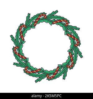 Weihnachtskranz aus Tannenzweigen mit Zuckerstöcken. Runde traditionelle Felge für das neue Jahr. Kreisförmiger botanischer Rahmen mit Süßigkeiten isoliert Vektor illustrati Stock Vektor