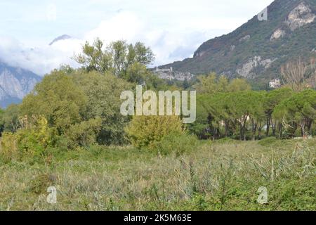 Schöne grüne Landschaft mit Panoramablick auf den Berghang und die alte Burg im Tal in der Nähe von Lecco und der Fluss Adda in der Lombardei. Stockfoto