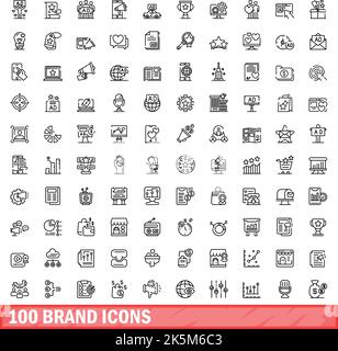 100 Markensymbole eingestellt. Skizzieren Sie die Darstellung von 100 Markensymbolen, die auf weißem Hintergrund isoliert sind Stock Vektor