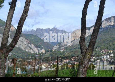 Panoramablick auf den Mount Resegone vom Park aus durch Stämme von zwei alten Bäumen. Stockfoto