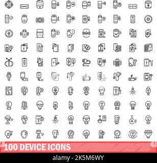 100 Gerätesymbole eingestellt. Skizzieren Sie die Darstellung von 100 Gerätesymbolen, die auf weißem Hintergrund isoliert sind Stock Vektor