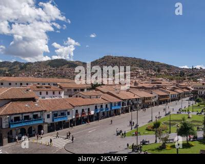 Cusco, Peru - 22. Mai 2016, Blick auf den Hauptplatz in Cusco vom Turm aus. Südamerika Stockfoto