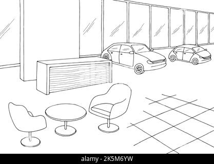 Auto Showroom Grafik schwarz weiß Store Innenraum Skizze Illustration Vektor Stock Vektor