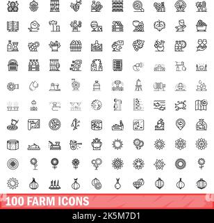 100 Farmsymbole eingestellt. Skizzieren Sie die Darstellung von 100 Farmsymbolen, die auf weißem Hintergrund isoliert sind Stock Vektor