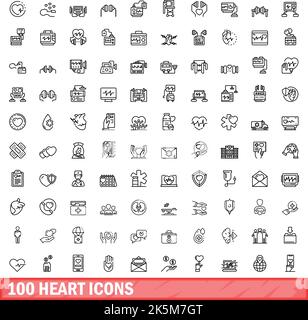 100 Herzsymbole eingestellt. Skizzieren Sie die Darstellung von 100 Herzsymbolen, die auf weißem Hintergrund isoliert sind Stock Vektor