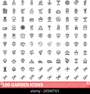 100 Garten-Ikonen-Set. Skizzieren Sie die Darstellung von 100 Garten-Symbole Vektor-Set isoliert auf weißem Hintergrund Stock Vektor