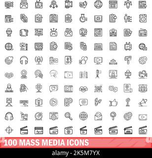 100 Symbole für Massenmedien eingestellt. Skizzieren Sie die Darstellung von 100 Symbolen für Massenmedien, die auf weißem Hintergrund isoliert sind Stock Vektor