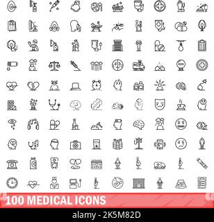 100 medizinische Symbole eingestellt. Skizzieren Sie die Darstellung von 100 medizinischen Symbolen, Vektorset isoliert auf weißem Hintergrund Stock Vektor