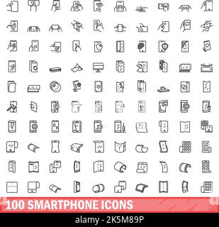 100 Smartphone-Symbole eingestellt. Skizzieren Sie die Darstellung von 100 Smartphone-Symbolen, die auf weißem Hintergrund isoliert sind Stock Vektor