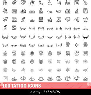 100 Tattoo Icons Set. Skizzieren Illustration von 100 Tattoo-Symbole Vektor-Set isoliert auf weißem Hintergrund Stock Vektor