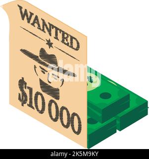 Isometrischer Vektor des Wild-West-Symbols. Wir wollten ein Poster und einen Stapel Dollar-Banknotensymbol. Texas wilder Westen, westlich Stock Vektor