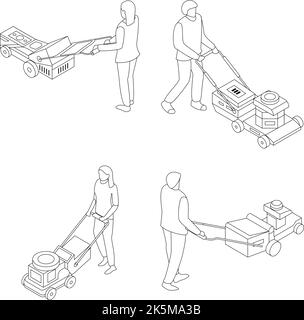 Symbol für Rasenmäher eingestellt. Isometrischer Satz Vektorsymbole für Rasenmäher umreißen dünne lne isoliert auf Weiß Stock Vektor