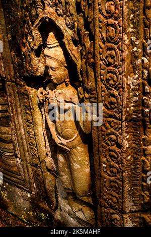 Die Steinstatue von Aspera Dancer wurde in einem hohen Winkel am Ta Nei Angkor Tempel fotografiert. Leicht Sepia getönte, um mehr Details zu bringen. Stockfoto