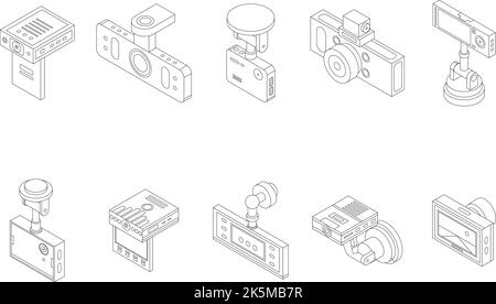 DVR-Symbole eingestellt. Isometrischer Satz von DVR-Vektorsymbolen umreißt dünne lne-symbole, die auf Weiß isoliert sind Stock Vektor