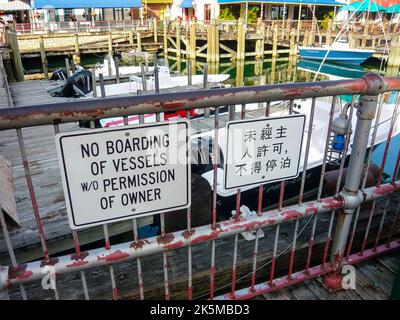 Schilder mit den Aufschrift „kein Boarding von Schiffen [ohne] Genehmigung des Besitzers“ in englischer Sprache und „kein Anlegen ohne Erlaubnis des Hafenmeisters“ in chinesischer Sprache an einem Yachthafen. Stockfoto