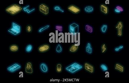 Biometrische Authentifizierungssymbole festgelegt. Isometrischer Satz biometrischer Authentifizierungs-Vektor-Symbole in Neonfarbe auf Schwarz Stock Vektor