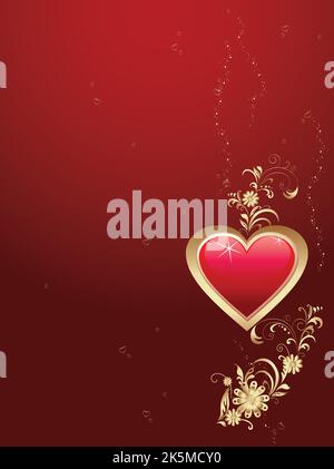Herz mit goldenen Blumenverzierungen und funkelt auf rot-burgunderem Hintergrund. Vorlage Grußkarte, Einladung, Benachrichtigungsschreiben. Stock Vektor