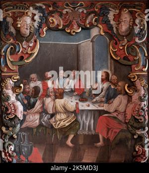 Das letzte Abendmahl, Gemälde eines unbekannten Künstlers aus dem Jahr 1750, das das letzte Abendmahl mit Jesus und seinen Diciples darstellt, die um einen Tisch sitzen Stockfoto