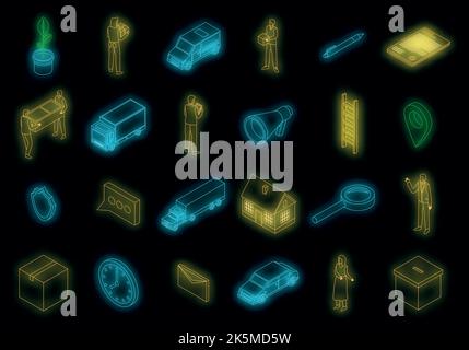 Symbole für Standortwechsel festgelegt. Isometrischer Satz von Relocation Vector Icons Neonfarbe auf Schwarz Stock Vektor