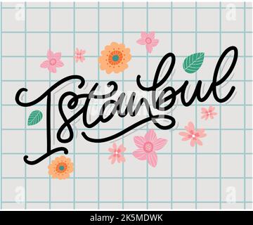 Istanbul. Handbeschriftetem Text. Vektor-Logo von Istanbul in schwarzer Farbe mit Möwen auf weißem Hintergrund. Souvenir-Produkte, Banner-Emblem, Reise-Blog Stock Vektor