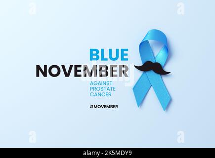 Blaues Band mit Schnurrbart auf blauem Hintergrund für den Prostatakrebs-Sensibilisierungsmonat und den Movember-Banner-Hintergrund im Rendering 3D Stockfoto