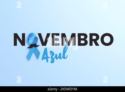 Novembro Azul Text Flyer Hintergrund mit einem blauen Band mit Schnurrbart und Kopierraum in 3D Rendering Stockfoto