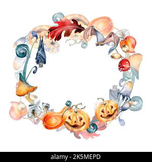 Halloween Kranz mit bunten Kürbissen Aquarell Illustration isoliert auf weiß. Kreis Rahmen von magischen Pflanzen mit Pilz, Fledermaus, Amanita von Hand gezeichnet Stockfoto