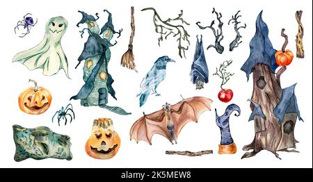 Buntes Halloween-Set mit Haunted House Aquarell-Illustration auf Weiß isoliert. Krumme Hütte, Geist, Fledermaus, Krähe, Besen und Spinne, Kürbis Hand dra Stockfoto