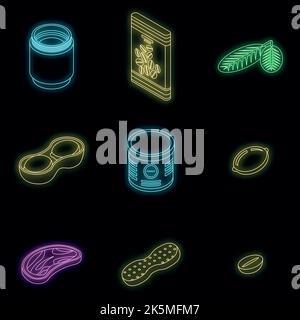 Erdnusssymbole eingestellt. Isometrischer Satz von Erdnuss-Vektor-Symbolen Neonfarbe auf Schwarz Stock Vektor