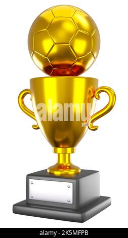 Gold Fußball oder Fußball Trophäe Cup . Isoliert . Eingebettete Beschneidungspfade . 3D Rendering . Stockfoto