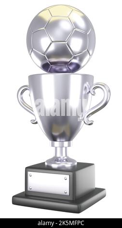Silber Fußball oder Fußball Trophäe Cup . Isoliert . Eingebettete Beschneidungspfade . 3D Rendering . Stockfoto