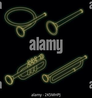 Trompetensymbole eingestellt. Isometrischer Satz von Trompetenvektor-Symbolen Neonfarbe auf Schwarz Stock Vektor