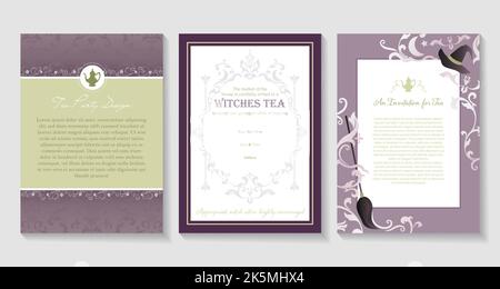 Eine Reihe von eleganten Hexen Tee-Party Themen Einladungen in violett, grün und weiß. Stock Vektor