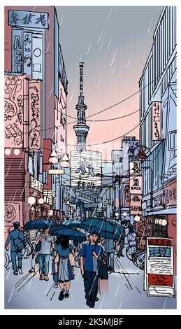 Japan, Straße in Tokio bei Regen in der Abenddämmerung - Vektorgrafik (japanische Karikatoren sind gefälscht - keine Bedeutung) (ideal für den Druck, Poster oder Tapeten, Stock Vektor