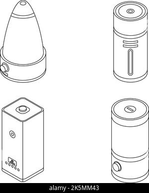 Symbole für den Luftbefeuchter eingestellt. Isometrische Vektorsymbole des Luftbefeuchters umreißen dünne lne isoliert auf Weiß Stock Vektor